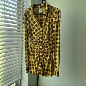 With Jean Yellow and Brown Checkered Button Down Dress